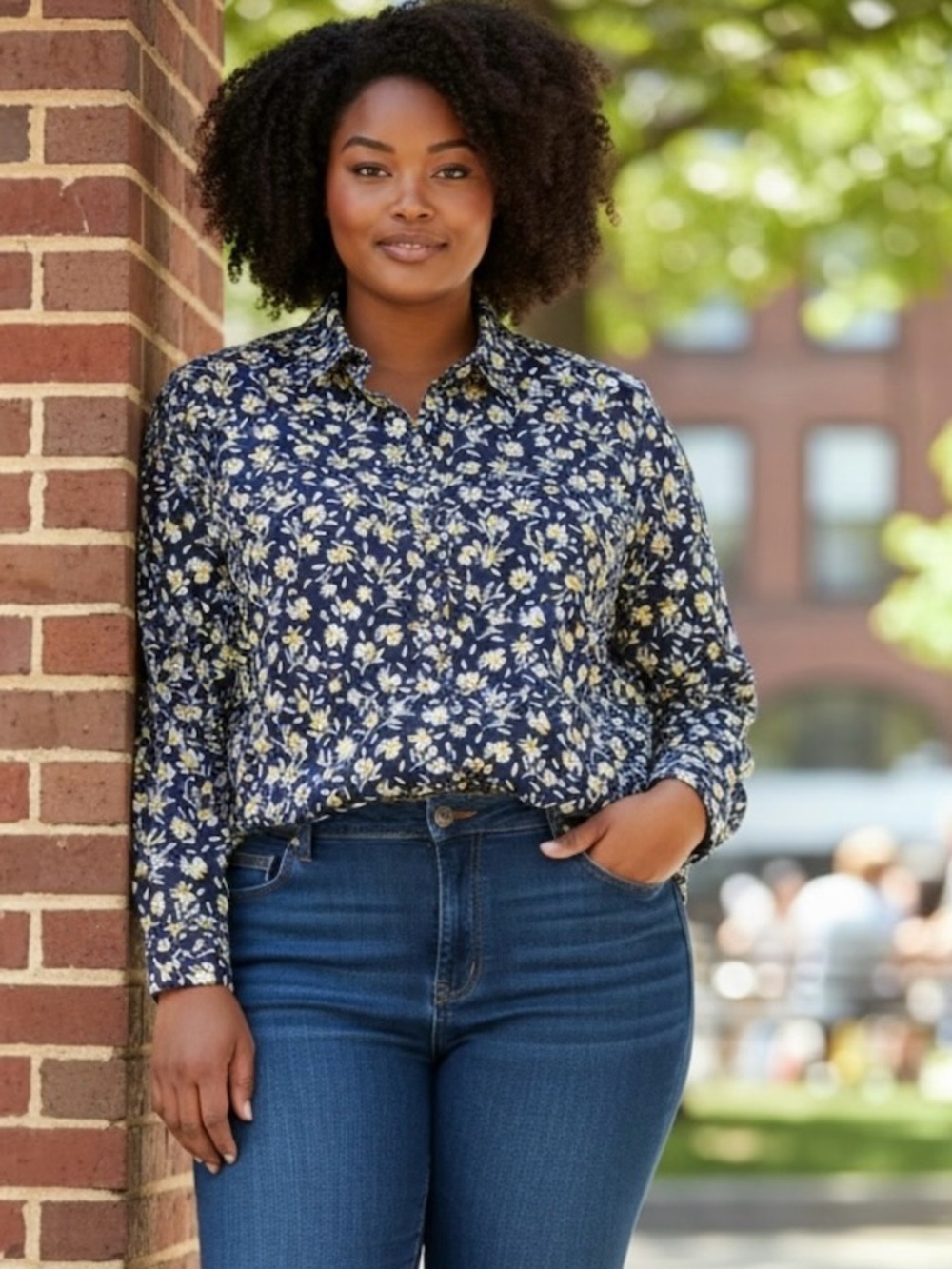 Lands’ End Women No Iron 100% Cotton Floral Button Up Blouse Navy Plus Size 16W